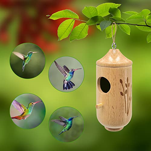 Hummingbird House for Outside Hanging - Garden Window DecorWooden Hummingbird Houses, for Nesting Hanging Natural Hummingbird Swing Nest, Wren, Swallow, Sparrow Hummingbird Finch Houses (A+)