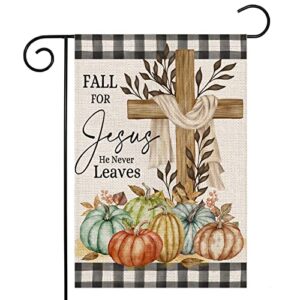 thanksgiving cross garden flag 12×18 double sided,religious cross fall for jesus buffalo plaid with pumpkins small yard flags for outside,seasonal flags for autumn holiday farmhouse outdoor