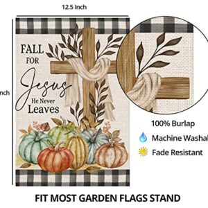 Thanksgiving Cross Garden Flag 12x18 Double Sided,Religious Cross Fall for Jesus Buffalo Plaid with Pumpkins Small Yard Flags for Outside,Seasonal Flags for Autumn Holiday Farmhouse Outdoor