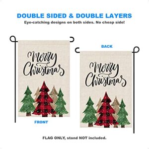 Merry Christmas Garden Flag Buffalo Plaid Tree 12x18 Double Sided, Rustic Xmas Farmhouse Seasonal Holiday Small Mini Burlap Yard Flag for Outside Outdoor Decoration