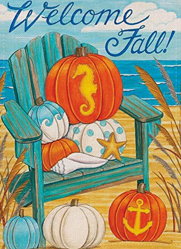 Covido Welcome Fall Garden Flag Home Decorative Blue White Pumpkin House Yard Outside Beach Small Flag Autumn Nautical Seahorse Coastal Decoration Ocean Sea Polka Dots Outdoor Decor Double Sided 12x18