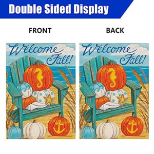 Covido Welcome Fall Garden Flag Home Decorative Blue White Pumpkin House Yard Outside Beach Small Flag Autumn Nautical Seahorse Coastal Decoration Ocean Sea Polka Dots Outdoor Decor Double Sided 12x18