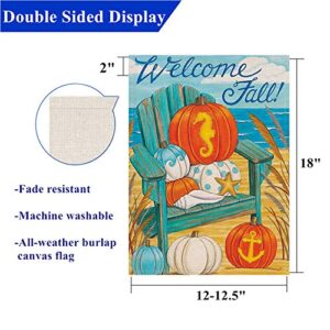 Covido Welcome Fall Garden Flag Home Decorative Blue White Pumpkin House Yard Outside Beach Small Flag Autumn Nautical Seahorse Coastal Decoration Ocean Sea Polka Dots Outdoor Decor Double Sided 12x18