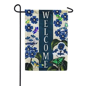 america forever garden flag – blue welcome flowers, 12.5″ x 18″, blue flowers butterflies dragonflies spring décor, double sided spring summer seasonal yard outdoor decorative flag