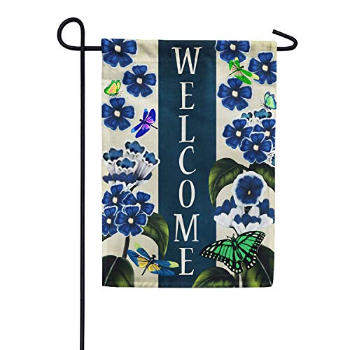 America Forever Garden Flag - Blue Welcome Flowers, 12.5" x 18", Blue Flowers Butterflies Dragonflies Spring Décor, Double Sided Spring Summer Seasonal Yard Outdoor Decorative Flag