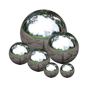 zosenda stainless steel gazing ball, 6 pcs 50-150 mm mirror polished hollow ball reflective garden sphere, floating pond balls seamless gazing globe for home garden ornament decorations (6 pcs mix)