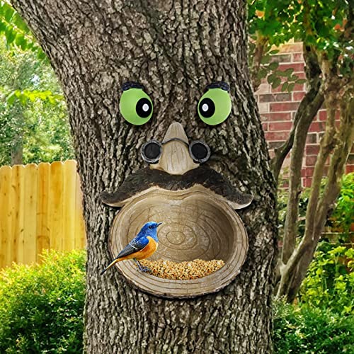 GARTOL Tree Face Birdfeeder - Old Man with Glowing Eyes in Dark Outdoor Tree Hugger Sculpture - Whimsical Garden Decoration and Wild Birdfeeder, Garden Peeker Yard Art