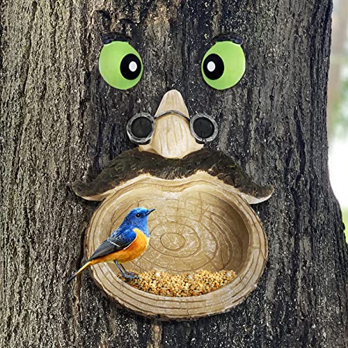 GARTOL Tree Face Birdfeeder - Old Man with Glowing Eyes in Dark Outdoor Tree Hugger Sculpture - Whimsical Garden Decoration and Wild Birdfeeder, Garden Peeker Yard Art