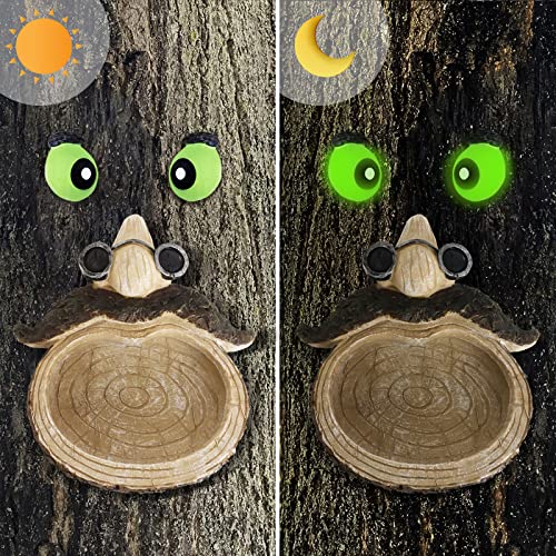 GARTOL Tree Face Birdfeeder - Old Man with Glowing Eyes in Dark Outdoor Tree Hugger Sculpture - Whimsical Garden Decoration and Wild Birdfeeder, Garden Peeker Yard Art