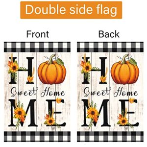 Louise Maelys Home Sweet Home Fall Garden Flag 12x18 Double Sided Vertical, Small Burlap Fall Farmhouse Rustic Buffalo Check Plaid Pumpkin Sunflower Garden Yard Flags Autumn Thanksgiving Outdoor Outside Home Decoration (ONLY FLAG)