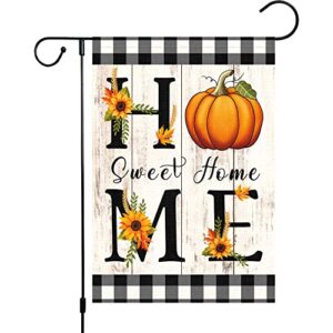 louise maelys home sweet home fall garden flag 12×18 double sided vertical, small burlap fall farmhouse rustic buffalo check plaid pumpkin sunflower garden yard flags autumn thanksgiving outdoor outside home decoration (only flag)