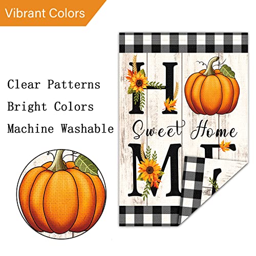 Louise Maelys Home Sweet Home Fall Garden Flag 12x18 Double Sided Vertical, Small Burlap Fall Farmhouse Rustic Buffalo Check Plaid Pumpkin Sunflower Garden Yard Flags Autumn Thanksgiving Outdoor Outside Home Decoration (ONLY FLAG)