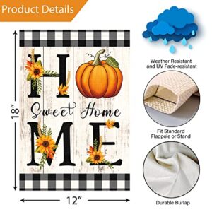 Louise Maelys Home Sweet Home Fall Garden Flag 12x18 Double Sided Vertical, Small Burlap Fall Farmhouse Rustic Buffalo Check Plaid Pumpkin Sunflower Garden Yard Flags Autumn Thanksgiving Outdoor Outside Home Decoration (ONLY FLAG)