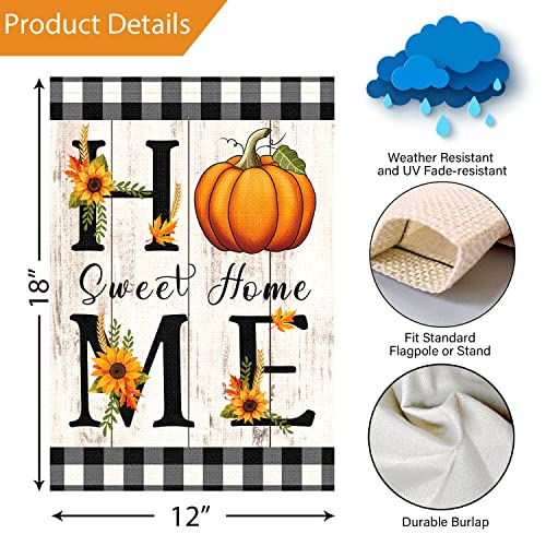 Louise Maelys Home Sweet Home Fall Garden Flag 12x18 Double Sided Vertical, Small Burlap Fall Farmhouse Rustic Buffalo Check Plaid Pumpkin Sunflower Garden Yard Flags Autumn Thanksgiving Outdoor Outside Home Decoration (ONLY FLAG)