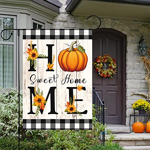 Louise Maelys Home Sweet Home Fall Garden Flag 12x18 Double Sided Vertical, Small Burlap Fall Farmhouse Rustic Buffalo Check Plaid Pumpkin Sunflower Garden Yard Flags Autumn Thanksgiving Outdoor Outside Home Decoration (ONLY FLAG)