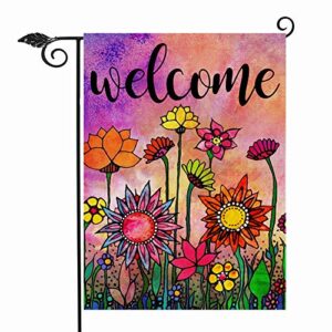 hzppyz welcome spring sunflower watercolor abstract flower garden flag double sided, floral decorative house yard outdoor summer small flag vintage decor farmhouse seasonal outside decorations 12 x 18