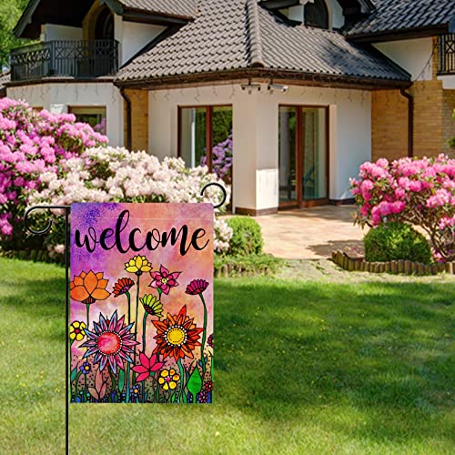 Hzppyz Welcome Spring Sunflower Watercolor Abstract Flower Garden Flag Double Sided, Floral Decorative House Yard Outdoor Summer Small Flag Vintage Decor Farmhouse Seasonal Outside Decorations 12 x 18