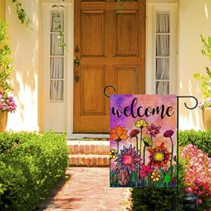 Hzppyz Welcome Spring Sunflower Watercolor Abstract Flower Garden Flag Double Sided, Floral Decorative House Yard Outdoor Summer Small Flag Vintage Decor Farmhouse Seasonal Outside Decorations 12 x 18