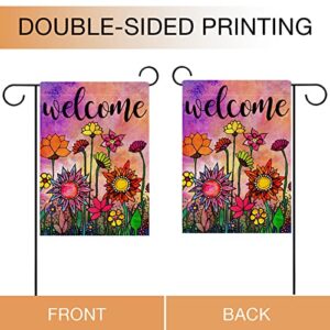 Hzppyz Welcome Spring Sunflower Watercolor Abstract Flower Garden Flag Double Sided, Floral Decorative House Yard Outdoor Summer Small Flag Vintage Decor Farmhouse Seasonal Outside Decorations 12 x 18