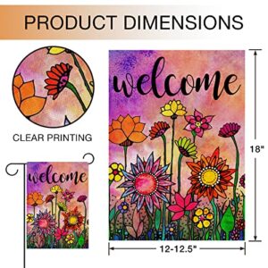 Hzppyz Welcome Spring Sunflower Watercolor Abstract Flower Garden Flag Double Sided, Floral Decorative House Yard Outdoor Summer Small Flag Vintage Decor Farmhouse Seasonal Outside Decorations 12 x 18