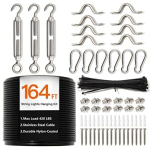 addlon – 164 ft nylon coated stainless steel cable hanging kit for outdoor string lights, stainless steel corrosion resistant, outdoor string light suspension kit guide wire for patio, garden