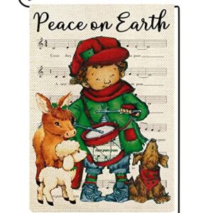 ORTIGIA Christmas Peace on Earth Garden Flag 12x18 Inch The Little Drummer Boy Flag Burlap Vertical Double Sided Christmas Nativity Religions Dog Yard Flag for Outside Farmhouse Xmas Winter Holiday Yard Outdoor Decoration