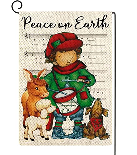 ORTIGIA Christmas Peace on Earth Garden Flag 12x18 Inch The Little Drummer Boy Flag Burlap Vertical Double Sided Christmas Nativity Religions Dog Yard Flag for Outside Farmhouse Xmas Winter Holiday Yard Outdoor Decoration