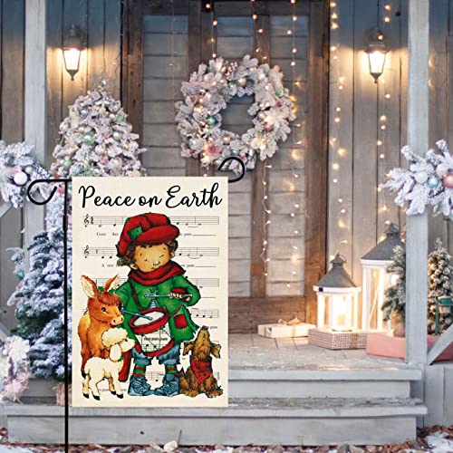 ORTIGIA Christmas Peace on Earth Garden Flag 12x18 Inch The Little Drummer Boy Flag Burlap Vertical Double Sided Christmas Nativity Religions Dog Yard Flag for Outside Farmhouse Xmas Winter Holiday Yard Outdoor Decoration