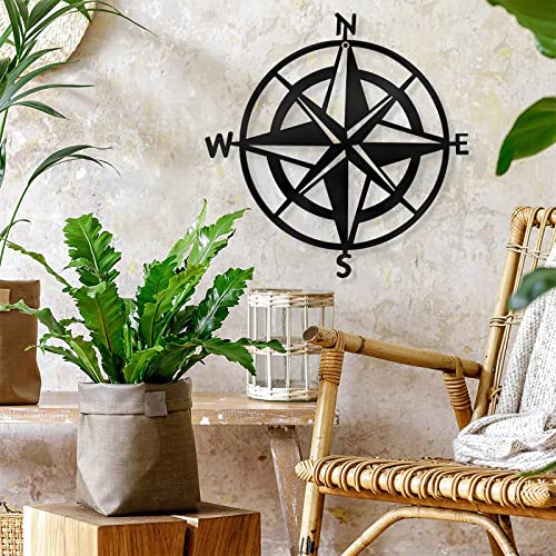 aboxoo Metal Compass Wall Decor 11 inch Metal Decorative Nautical Compass Hanging Wall Art Sculpture for Indoor Living Room Bedroom Office Porch Outdoor Garden Patio Signs.(Black)