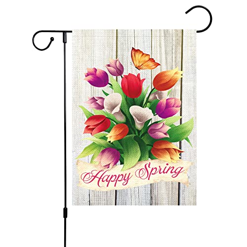 Louise Maelys Happy Spring Garden Flag 12x18 Double Sided, Burlap Small Vertical Floral Flower Garden Yard Flags for Seasonal Outside Outdoor House Decoration (ONLY FLAG)