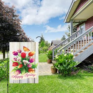 Louise Maelys Happy Spring Garden Flag 12x18 Double Sided, Burlap Small Vertical Floral Flower Garden Yard Flags for Seasonal Outside Outdoor House Decoration (ONLY FLAG)