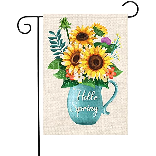 WODISON Hello Spring Summer Garden Flag Floral Sunflower Vase 12×18 Inch Double Sided Vertical Flag Burlap for Outside House Outdoor Decoration Banner (ONLY FLAG)