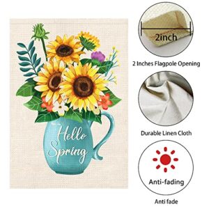 WODISON Hello Spring Summer Garden Flag Floral Sunflower Vase 12×18 Inch Double Sided Vertical Flag Burlap for Outside House Outdoor Decoration Banner (ONLY FLAG)