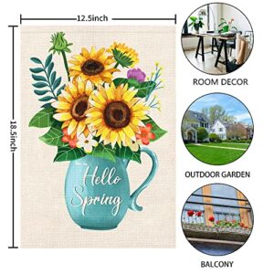 WODISON Hello Spring Summer Garden Flag Floral Sunflower Vase 12×18 Inch Double Sided Vertical Flag Burlap for Outside House Outdoor Decoration Banner (ONLY FLAG)