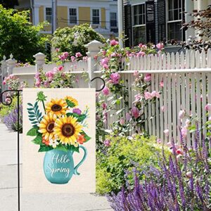 WODISON Hello Spring Summer Garden Flag Floral Sunflower Vase 12×18 Inch Double Sided Vertical Flag Burlap for Outside House Outdoor Decoration Banner (ONLY FLAG)