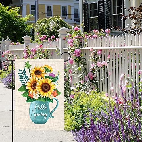 WODISON Hello Spring Summer Garden Flag Floral Sunflower Vase 12×18 Inch Double Sided Vertical Flag Burlap for Outside House Outdoor Decoration Banner (ONLY FLAG)