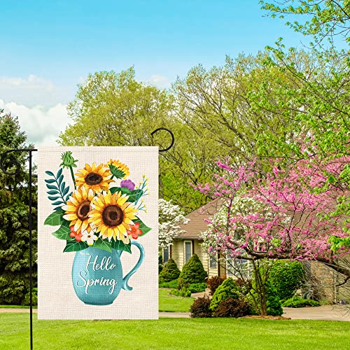 WODISON Hello Spring Summer Garden Flag Floral Sunflower Vase 12×18 Inch Double Sided Vertical Flag Burlap for Outside House Outdoor Decoration Banner (ONLY FLAG)