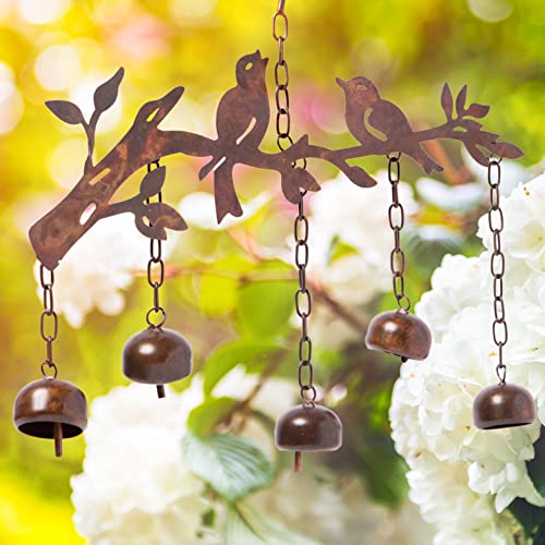 Happy Gardens Bird Wind Chimes with Bells | 5 Suspended Bells Windchime with Birds Garden Decor | Mothers Day Outdoor Gifts & Backyard Decorations