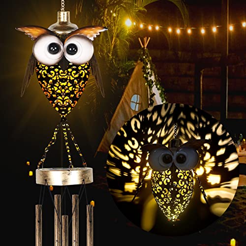 Sunwhale Owl Solar Wind Chimes for Outside Big Wind Chimes Indoor Hanging Outdoor Decor Metal Wind Warm LED Light Memorial Sympathy Gift with Metal Tubes Waterproof for Garden Yard Patio Lawn