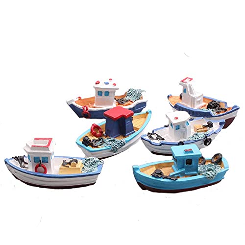 HYSTYLE 6 Pcs Mediterranean Style Miniature Dollhouse Boat Fairy Garden Miniature Boats Model Figurines Cake Topper Fairy Garden Beach Scene Ornament