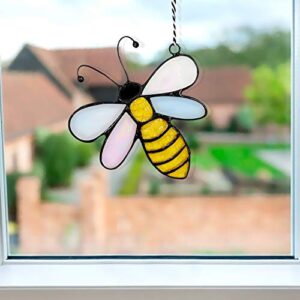 Huray Rayho Bee Suncatcher Window Hanging Ornament w/Suction Cup, Spring Summer Farmhouse Bumble Bee Double Side Stained Glass Panel Garden Yard Tree Hanging Decor, Bee Lover Day Teachers Day Gifts