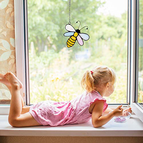 Huray Rayho Bee Suncatcher Window Hanging Ornament w/Suction Cup, Spring Summer Farmhouse Bumble Bee Double Side Stained Glass Panel Garden Yard Tree Hanging Decor, Bee Lover Day Teachers Day Gifts