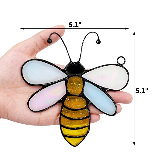 Huray Rayho Bee Suncatcher Window Hanging Ornament w/Suction Cup, Spring Summer Farmhouse Bumble Bee Double Side Stained Glass Panel Garden Yard Tree Hanging Decor, Bee Lover Day Teachers Day Gifts