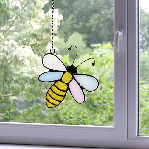Huray Rayho Bee Suncatcher Window Hanging Ornament w/Suction Cup, Spring Summer Farmhouse Bumble Bee Double Side Stained Glass Panel Garden Yard Tree Hanging Decor, Bee Lover Day Teachers Day Gifts