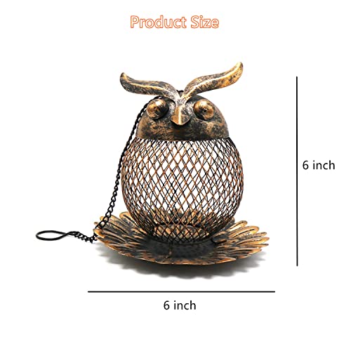 Cinlitek Outdoor Garden Wild Bird Feeder Hanging Bird Feeders, Heavy Duty Copper Metal Mesh Wild Finch Bird Feeder for Outside with Hook for Garden Yard Decor, Owl Shaped