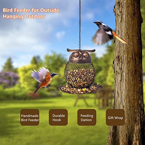 Cinlitek Outdoor Garden Wild Bird Feeder Hanging Bird Feeders, Heavy Duty Copper Metal Mesh Wild Finch Bird Feeder for Outside with Hook for Garden Yard Decor, Owl Shaped