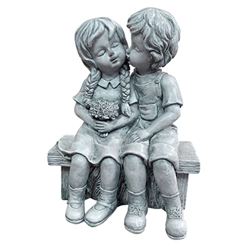 HANABASS Boy Kissing Girl Statue Sitting on Bench Figurine Kissing Couple Garden Sculpture Wife Gifts for Outdoor Lawn Yard Art Collection