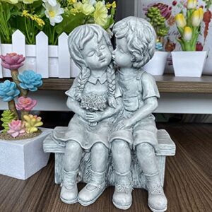 HANABASS Boy Kissing Girl Statue Sitting on Bench Figurine Kissing Couple Garden Sculpture Wife Gifts for Outdoor Lawn Yard Art Collection