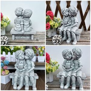 HANABASS Boy Kissing Girl Statue Sitting on Bench Figurine Kissing Couple Garden Sculpture Wife Gifts for Outdoor Lawn Yard Art Collection