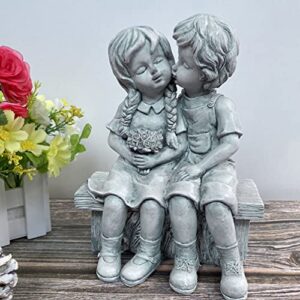 HANABASS Boy Kissing Girl Statue Sitting on Bench Figurine Kissing Couple Garden Sculpture Wife Gifts for Outdoor Lawn Yard Art Collection